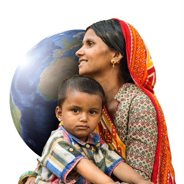 Women holding child, image of globe in background.