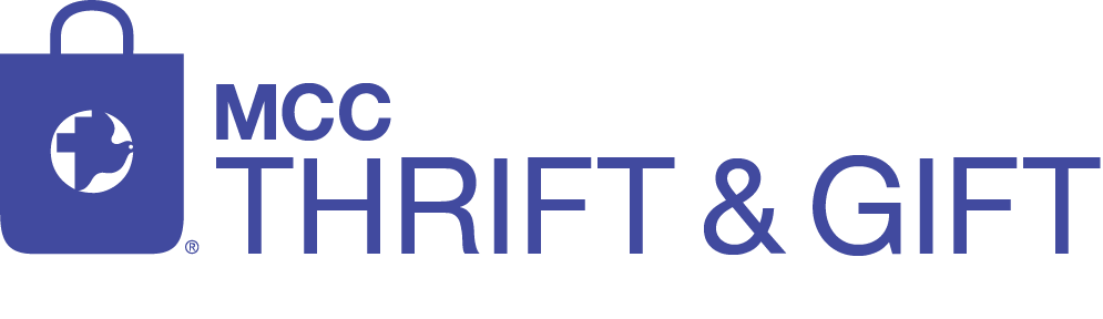 Logo reads "MCC Thrift and Gift" with blue bag icon.