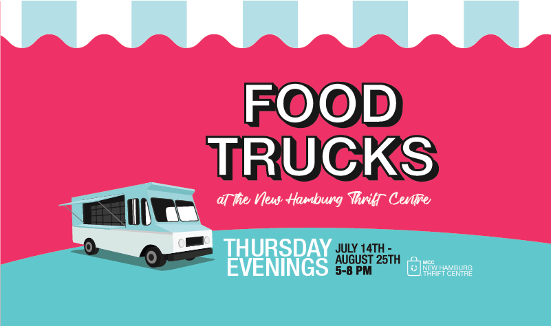 Food truck graphic on a pink background with text that reads "Food Trucks at the New Hamburg Thrift Store", "Thursday Evenings, July 14th - August 25th, 5-8 PM", with logo that reads "New Hamburg Thrift Centre" and includes a white bag icon.