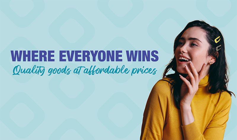 Banner with light blue background and photo of smiling woman wearing a yellow shirt. Text says "Where everyone wins" "Quality goods at affordable prices".